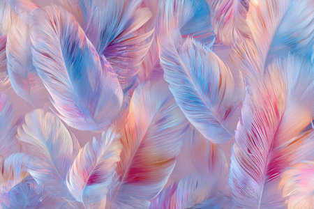 A gentle blend of pastel-hued feathers arranged in a fine, flowing pattern, evoking serenity and sophistication perfect for dreamy, luxurious designs.の写真素材