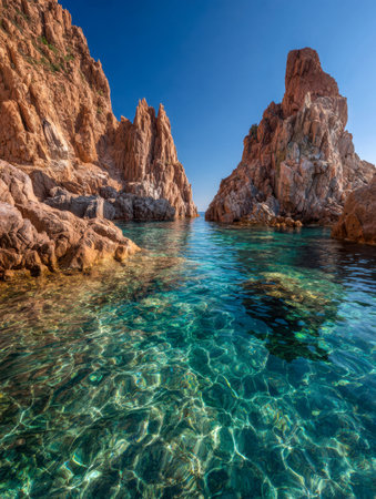 Vibrant turquoise waters carve a narrow passage through striking orange cliffs, under a crisp sky, creating a breathtaking scene of nature's rugged beauty.の写真素材