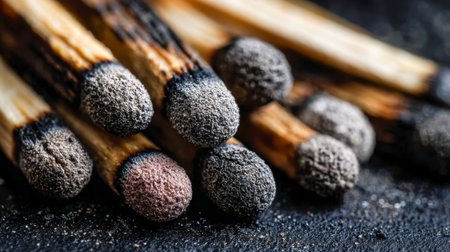 An intricate close-up captures a cluster of burnt matchsticks, their rugged, blackened tips contrasting against a shadowy background adorned with smoky ash and granuの写真素材