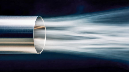 A sleek exhaust outlet emits a cloud of white vapor, set against a contrasting dark backdrop, evoking themes of speed, innovation, and dynamic engineering.の写真素材