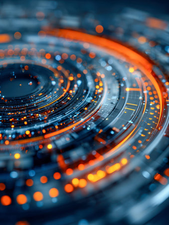 A sleek, high-tech ring features radiant orange and blue illumination, depicting intricate circuitry...