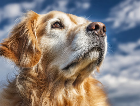 A gentle retriever gazes thoughtfully into the horizon beneath a vivid azure sky dotted with fluffy white clouds, capturing serenity and admiration on a sunny afternの写真素材
