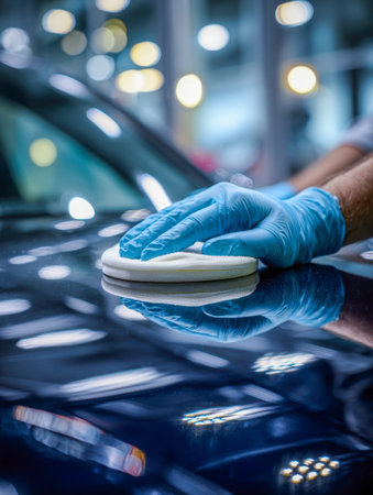 A worker's gloved hand expertly buffs a sleek, reflective vehicle exterior using a white pad, under bright, professional workshop lighting?ensuring a flawless shine.の写真素材