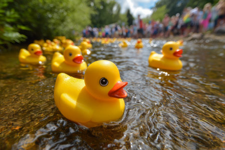 Bright yellow rubber ducks gently drift along a sunny, bubbling stream as delighted spectators gather along the banks, creating a cheerful outdoor scene.の写真素材