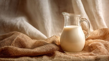 A clear glass pitcher brimming with smooth, fresh milk rests atop textured burlap, set against a neutral draped backdrop, evoking a comforting, homey atmosphere.の写真素材