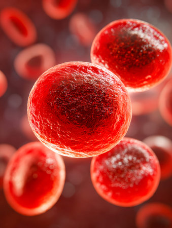 A vivid, close-up depiction of circulating red blood cells revealing their textured, bumpy surfaces...