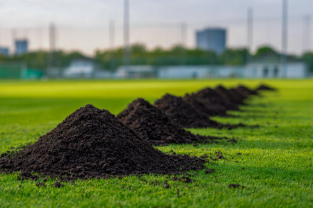A series of uniform soil mounds stretch across a lush grassy expanse, with distant city structures softly blurred beneath an overcast sky.の写真素材