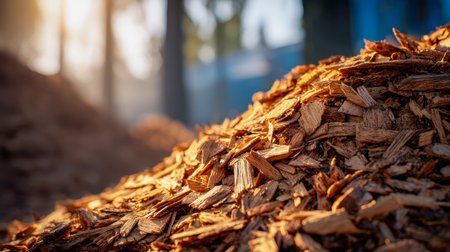 Warm late-afternoon light baths a mound of crimson-hued shavings, set against a lush, blurred forest backdrop evoking tranquility and natural harmony.の写真素材