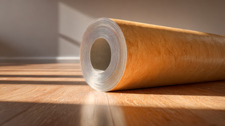 A massive sheet of wood-patterned wallpaper rests on a warmly illuminated floor, casting gentle shadows that highlight its textured, natural finish.の写真素材