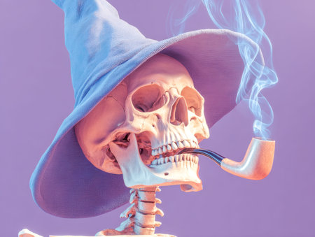 A playful skeletal figure dons an oversized, jagged hat, gently blows curling smoke from a carved...