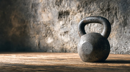An aged cast iron weight rests atop rough, weathered wood, set against a textured wall bathed in gentle natural illumination, evoking nostalgic industrial charm.の写真素材
