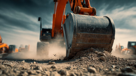 An excavator's large metal bucket grips earth and stones amid a tumultuous sky, with airborne dust capturing the energy of heavy work under looming clouds.の写真素材