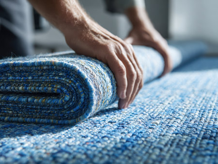 A bright, airy space highlights a craftsman's precise hand movements as he carefully rolls a vibrant, textured blue textile, showcasing craftsmanship and fabric intrの写真素材