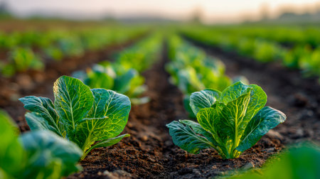 Vibrant young lettuce crops bask in sunlight, thriving in rich soil amid a lush, expansive farm, with a gentle backdrop of a flourishing vegetable landscape.の写真素材