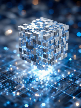 A sleek, multidimensional structure of luminous metallic and glass-like segments hovers above an illuminated circuit maze, embodying advanced technology and innovation.の写真素材