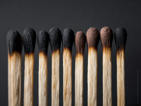 Nine charred matches arranged in a row reveal diverse degrees of burn, their textured surfaces illuminated by stark contrast against a deep, shadowed backdrop.の写真素材
