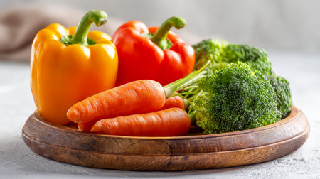 A colorful assortment of crisp vegetables featuring vibrant peppers, carrots, and broccoli artfully displayed on a rustic wooden platter against a light background.の写真素材