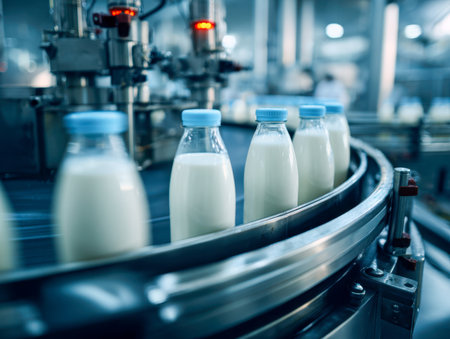 Sleek milk containers with blue lids glide along a high-tech conveyor system, surrounded by cutting-edge machinery within a contemporary dairy plant.の写真素材