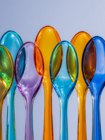 A striking display of semi-transparent spoons in bright hues of orange, blue, green, and purple, neatly lined up against a soft, neutral backdrop.の写真素材