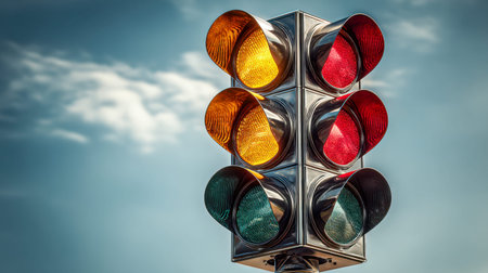 Sleek traffic control lights cast vibrant glows in red, amber, and green hues, set against a partly...