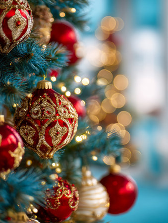 Bright red and gold embellished decorations sway gently on a lush green tree, illuminated by twinkling warm lights that evoke a cheerful and inviting holiday spirit.の写真素材