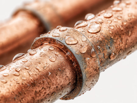 Bright copper tubing exhibits textured surfaces with shimmering water droplets, highlighting...