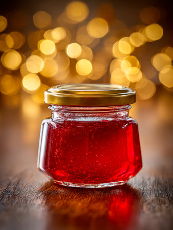 A charming miniature jar brimming with glossy crimson spread, topped with a shiny gold cap, resting on a smooth wooden tabletop amidstsoft golden light reflections.の写真素材