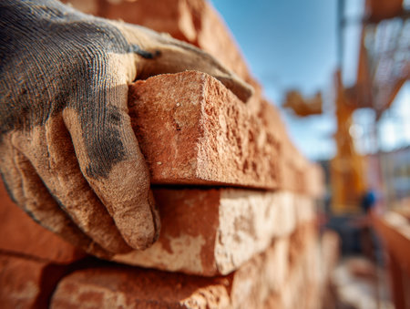 A diligent laborer with gritty gloves precisely stacks crimson bricks, shaping a resilient barrier amidst a sunny sky and a softly blurred urban construction panoramの写真素材