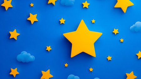 A cheerful scene of vivid yellow stars floating in a lively blue sky, accompanied by gentle blue...