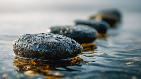 Sleek black pebbles aligned across mirrored water, their surfaces textured by nature, creating soothing reflections and subtle ripples in a tranquil environment.の写真素材