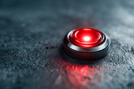 A striking crimson switch radiates a vivid glow against a rugged dark background, evoking a sleek, advanced device designed for swift emergency activation.の写真素材