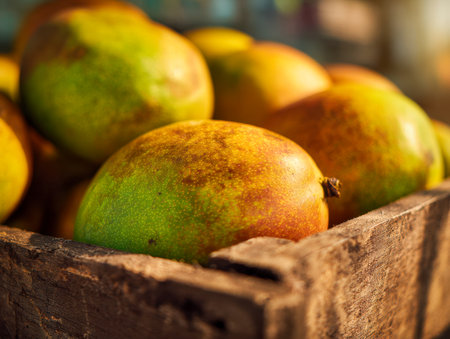 Sunlit, vibrant mangoes with lush green and vivid orange tones rest in a weathered wooden bin, evoking a wholesome, farm-fresh atmosphere.の写真素材