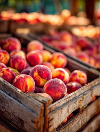 Sunlit outdoor market displays piled, juicy peaches in weathered wooden containers, their fiery hues glowing warmly under gentle rays.の写真素材