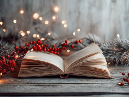 A vintage wooden surface hosts a welcoming scene with an open book, accented by vibrant berries, fragrant pine twigs, and gentle string lights, evoking holiday warmtの写真素材