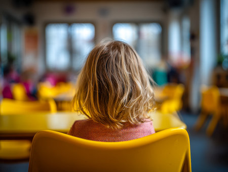 A young child with golden hair rests on a vibrant yellow chair, surrounded by a lively classroom filled with cheerful colors and soft daylight filtering through blurの写真素材