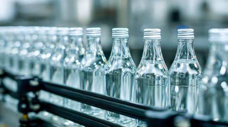 Bottles of pure liquid glisten under bright lighting as they line up precisely on a sleek, automated...