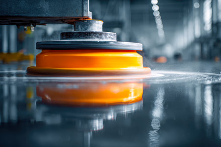 A vibrant orange buffer expertly smooths a polished metal sheet within a bright, expansive workshop, showcasing precision craftsmanship and industrial efficiency.の写真素材
