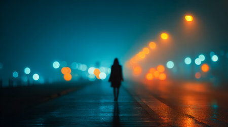 A lone figure moves through a misty city night, streetlights cast a gentle glow on the damp pavement, while vibrant bokeh lights create a dreamy, moody backdrop.の写真素材