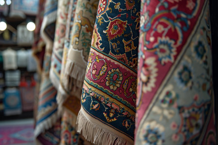Beautiful Turkish carpets with intricate embroidery on luxurious blurred background for saleの写真素材
