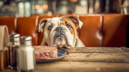 A playful bulldog seated at a weathered wooden table, eyes fixed on a savory meat dish, amid soft glowing lights that evoke a snug, inviting atmosphere.の写真素材