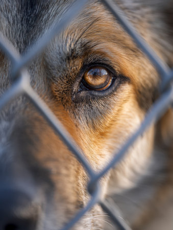 A close-up of a dog's keen amber eye, framed by detailed fur, gazing through textured metal mesh with a softly blurred backdrop highlighting its expressive face.の写真素材