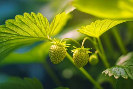 Bright green berries delicately dangle amidst lush foliage, basking in gentle sunlight, signaling the beginning of a fruitful garden harvest.の写真素材