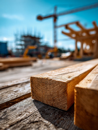 Sunlit wooden beams neatly arranged, highlighted sharply against a backdrop of cranes and construction frame softly blurred during active daytime building effortの写真素材