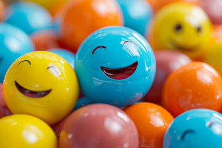 A lively collection of glossy, vibrant spheres featuring cheerful facial expressions, assembled in a joyful arrangement that radiates playful vitality and zestful spの写真素材