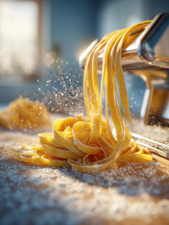 Handcrafting thin pasta strips on a floured surface, illuminated by cozy kitchen lighting, capturing the artistry of traditional homemade cooking.の写真素材
