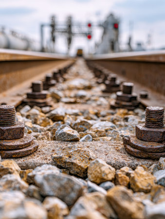 Aged metal fasteners clutch rugged stones, anchoring tracks amidst a gray sky and distant glow of signal lamps, evoking industrial resilience on a somber dayの写真素材