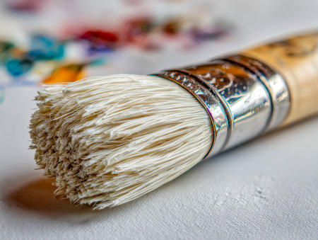 A close-up of a fine bristle brush gently placed on a blank canvas, with a vibrant, out-of-focus palette fueling imaginative ideas behind.の写真素材