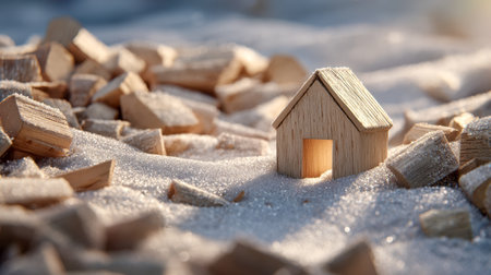 A quaint wooden cottage nestled amid scattered timber fragments on a glittering textured surface, basked in gentle warm sunlight that evokes comfort and peace.の写真素材