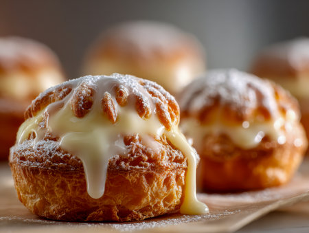 Warm, inviting pastries adorned with silky vanilla glaze and a gentle sprinkle of sugar, resting on parchment under tender, golden light.の写真素材