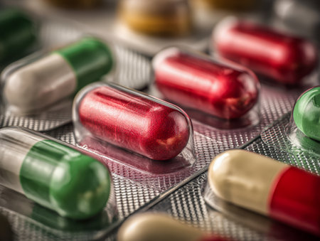 Vibrant medicinal tablets and soft gels tightly organized in reflective blister sheets, highlighting contemporary drug presentation and advancements in healthcare deliverの写真素材